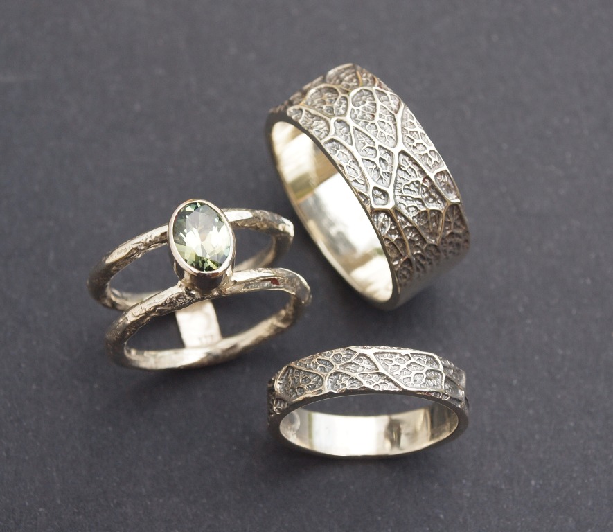 Angel tree seedpod textured wedding  ring  sets by Helen 